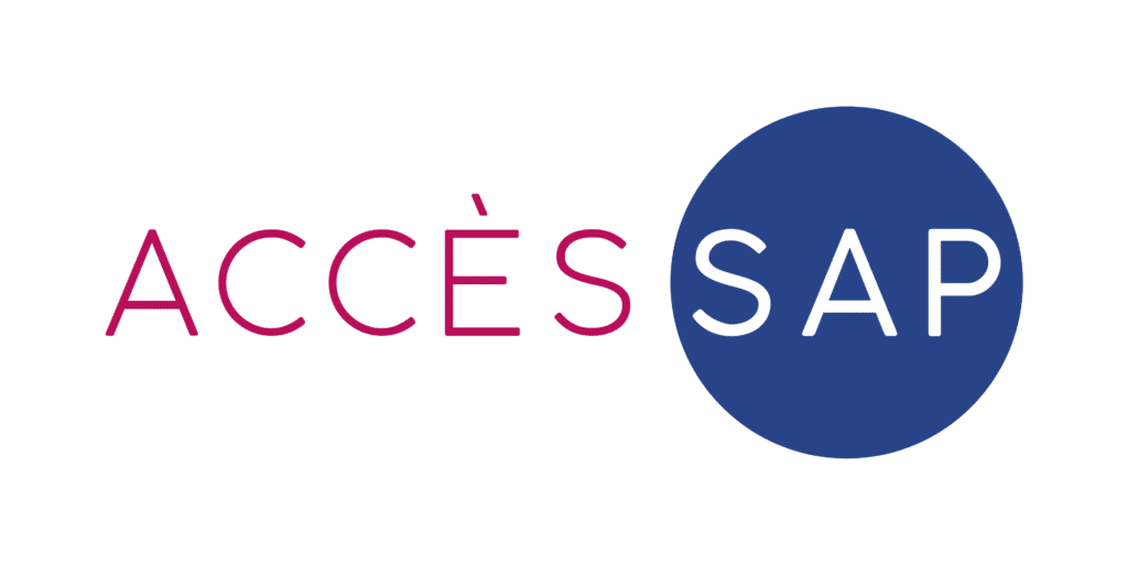 Logo ACCÈS SAP : Accès et solutions professionnelles Logo ACCÈS SAP en magenta, avec le mot SAP inscrit en blanc sur un cercle bleu marine.